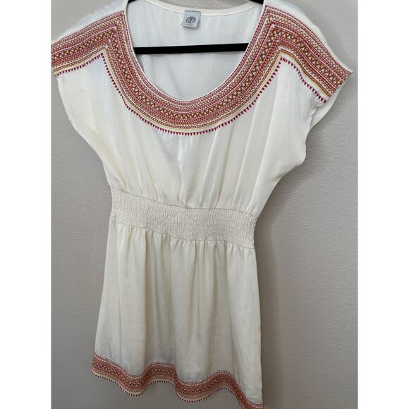 I.Ner Womens Cream dress short sleeve embroidered boat‎ neck elastic waist - Picture 2 of 7